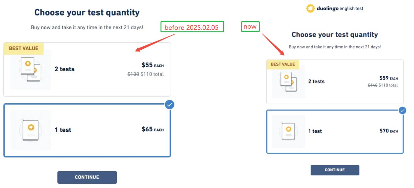 A screenshot comparing the Duolingo English Test prices before and after the adjustment on February 5, 2025.