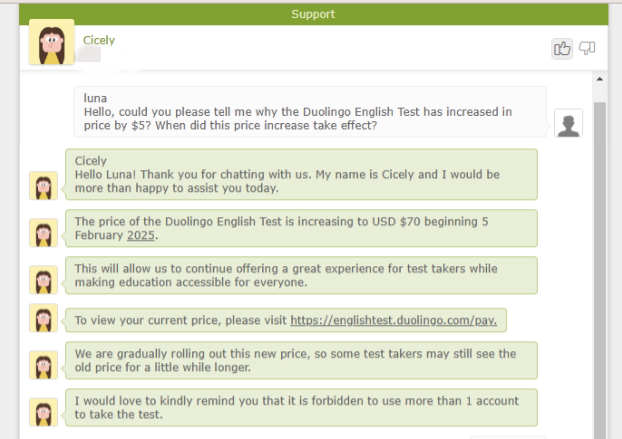 A screenshot of the official response from Duolingo regarding the timeline and reasons for the price change of the English Test.