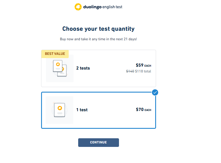 A screenshot of the official prices for the Duolingo English Test