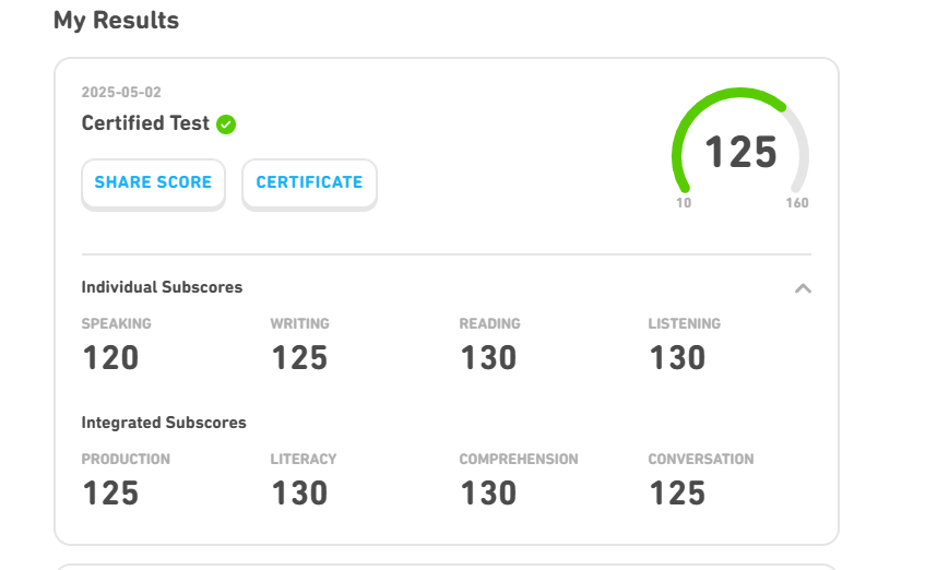 Capture d'écran de la dernière page officielle du Duolingo English Test.