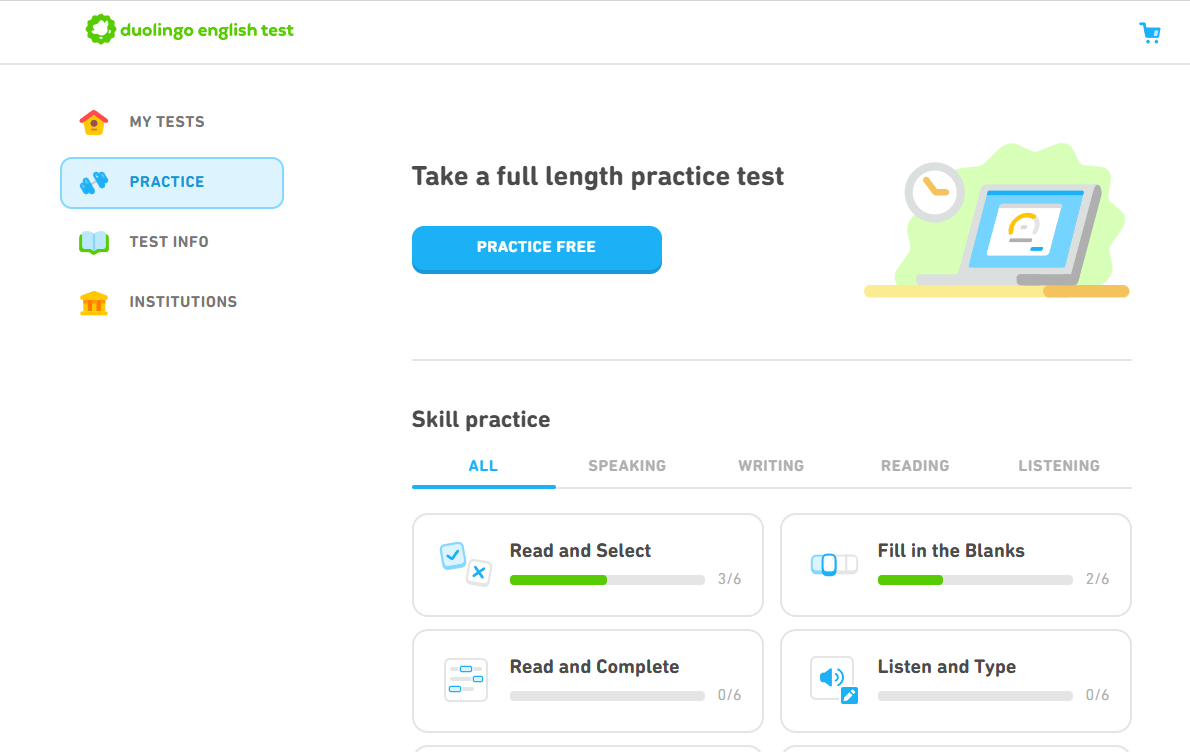 Capture d'écran de la page officielle de pratique du Duolingo English Test, après la mise à jour.