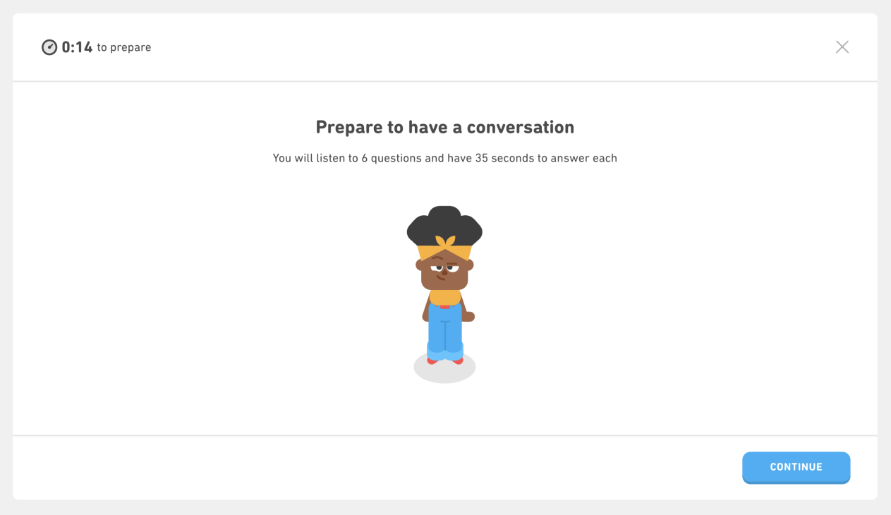 1.Sebuah tangkapan layar dari jenis pertanyaan Berbicara Interaktif yang baru di Ujian Bahasa Inggris Duolingo
