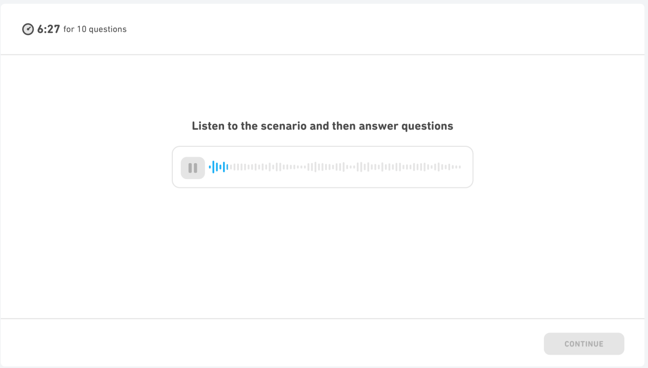 Sebuah tangkapan layar dari jenis pertanyaan Dengarkan dan Lengkapi yang baru di Ujian Bahasa Inggris Duolingo