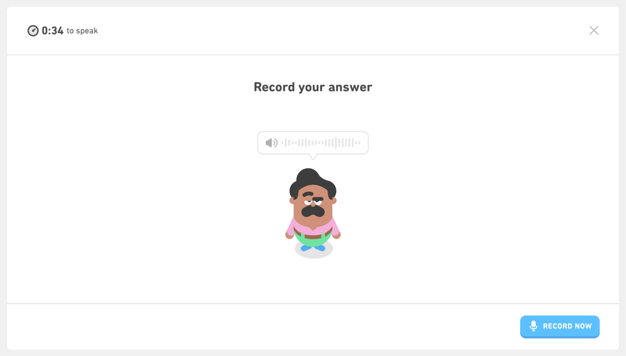 2.Sebuah tangkapan layar dari jenis pertanyaan Berbicara Interaktif yang baru di Ujian Bahasa Inggris Duolingo
